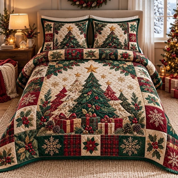 Christmas Tree Gift Quilt, Quilted Bedding Set, Holiday Patchwork ...