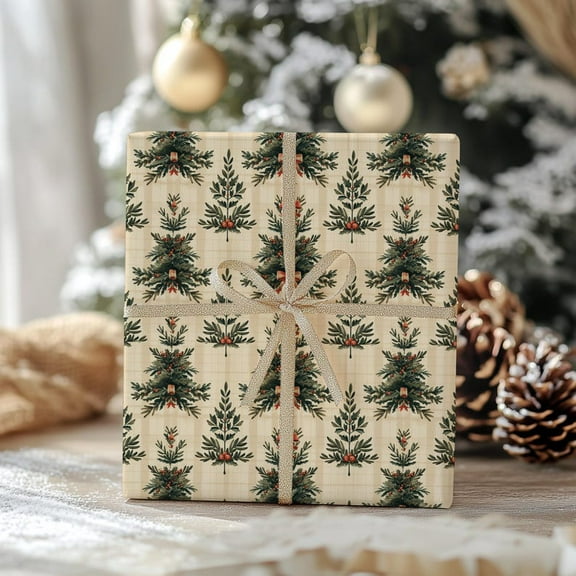 Christmas Tree Gift Wrapping Paper, Holiday Present Wrap for Christmas or Birthday, Winter Festive Decorative Packaging, Vintage Xmas Design Xmas Gift