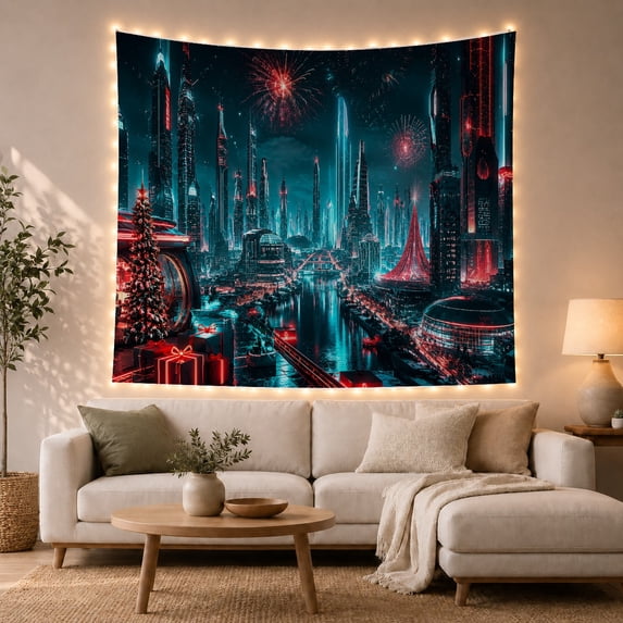 Christmas Tree and Gifts in a Futuristic Cyberpunk Cityscape, Dreamy Digital Art for Gamers, Neon Noir Wall Decor, Christmas Gift, Tapestry Wall Hanging for Gaming Room and Bedroom