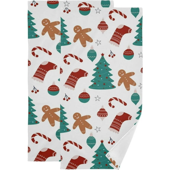 Christmas Tree Gingerman Hand Towels, Candy Xmas Stocking Kitchen Towel Ultra Soft and Absorbent,Decorative Fingertip Face Towel for Bathroom Hotel, 2 PCS, 28.3"x 14.4"