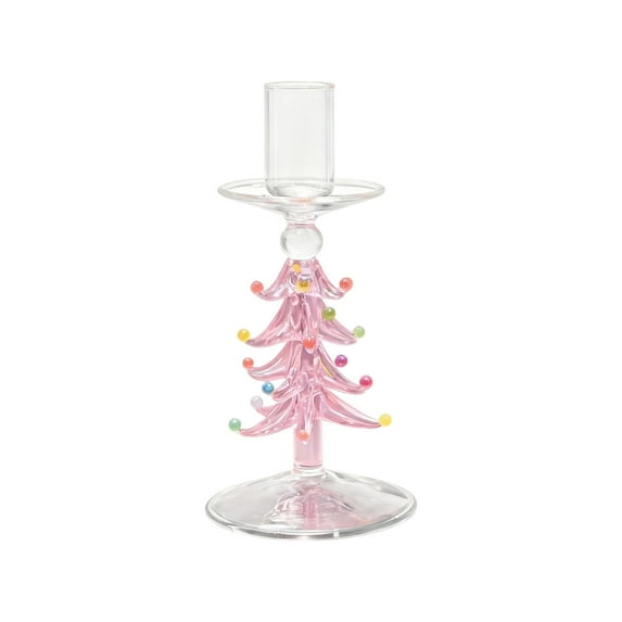 Christmas Tree Glass Candle Holder, Pink Candle Stand for Tabletop Decor, Decoration for Christmas Valentine‘s Day(Pink-M)