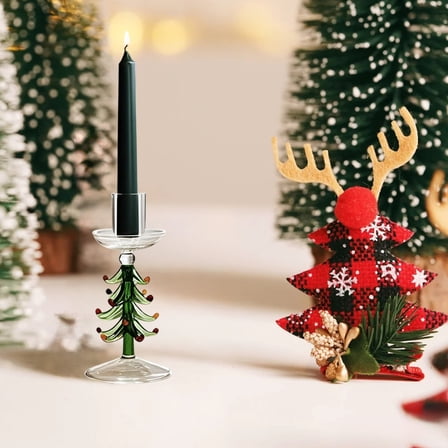 Christmas Tree Glass Candle Holder with Wreath, 6.3-Inch Green Holiday Candle Stand, Festive Table Decor for Christmas Home Decoration Green