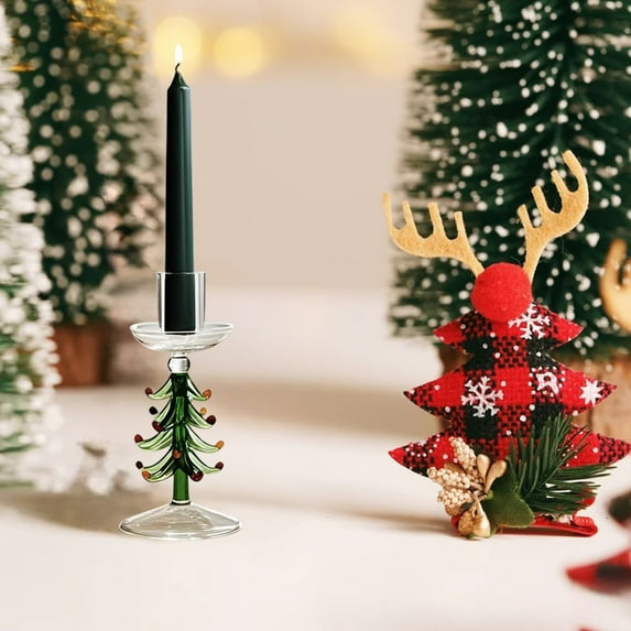 Christmas Tree Glass Candle Holder with Wreath, 6.3-Inch Green Holiday Candle Stand, Festive Table Decor for Christmas Home Decoration Green