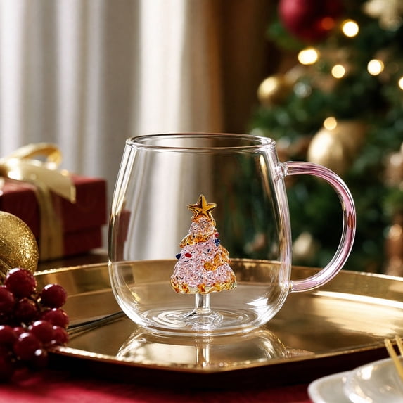 Christmas Tree Glass Cup, Heatproof Home Beverage Cup, Christmas Gift Cup for Coffee Tea, Holiday Kitchen Drinkware, Family Mug for Home,Pink