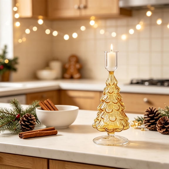 Christmas Tree Glass Taper Candle Holder, Faceted Evergreen Tree Base, Nostalgic Holiday Candlestick for Dining Table, Mantel and Shelf Decor, Yellow