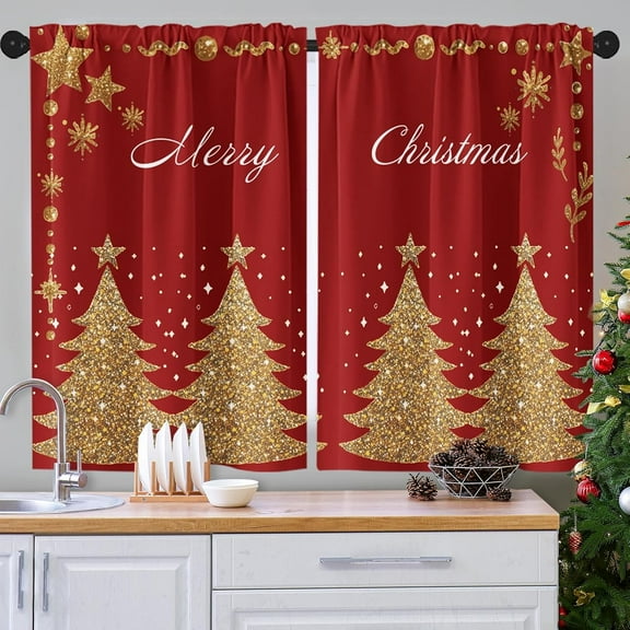 Christmas Tree Glitter Kitchen Curtains Winter Window Curtains Over Sink Set of 2, Cute Luxury Star Rod Pocket Short Tier Curtains for Kitchen, Red Christmas Small Kitchen Decor (27.5x36 Inch)