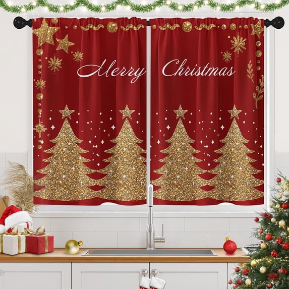 Christmas Tree Glitter Kitchen Window Curtains Over Sink Set of 2, Winter Cute Luxury Star Rod Pocket Short Tier Curtains, Red Christmas Small Kitchen Decor (26x36 Inch)