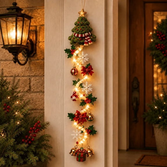 Christmas Tree Glowing Christmas Door Hanger, Warm Lighted Vertical Holiday Hanging with Ornaments, Snowflakes, Holly and Bells for Entryway, Wall and Door Side Decor, 1Pc