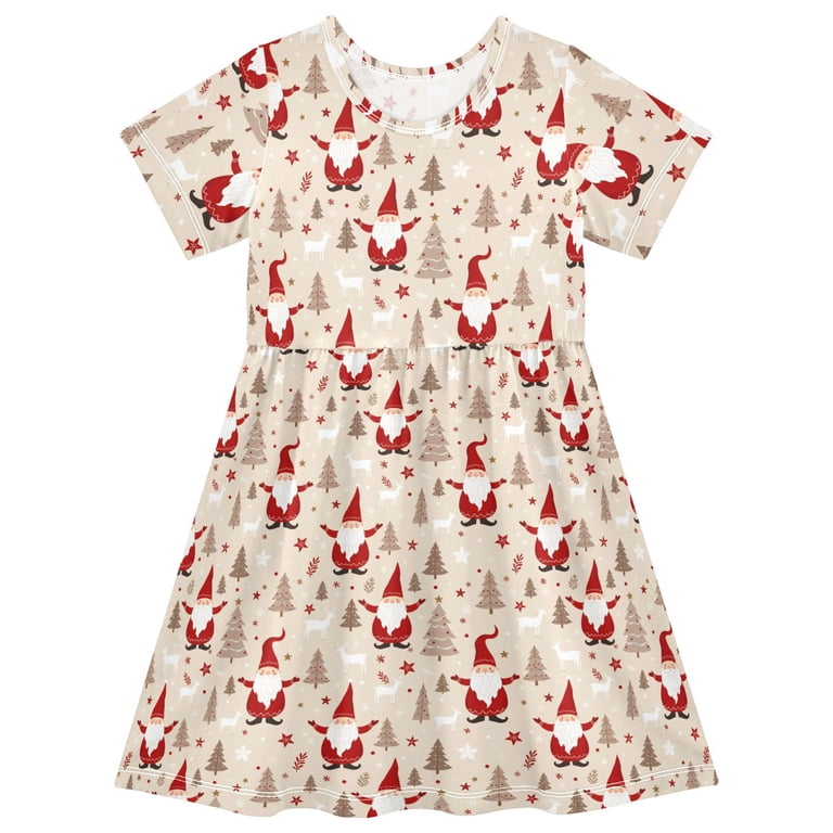 gnome christmas dress Tree Reindeer Short Sleeve A-Line Cute Midi Casual Sundress 2-8 Years Taille:XS