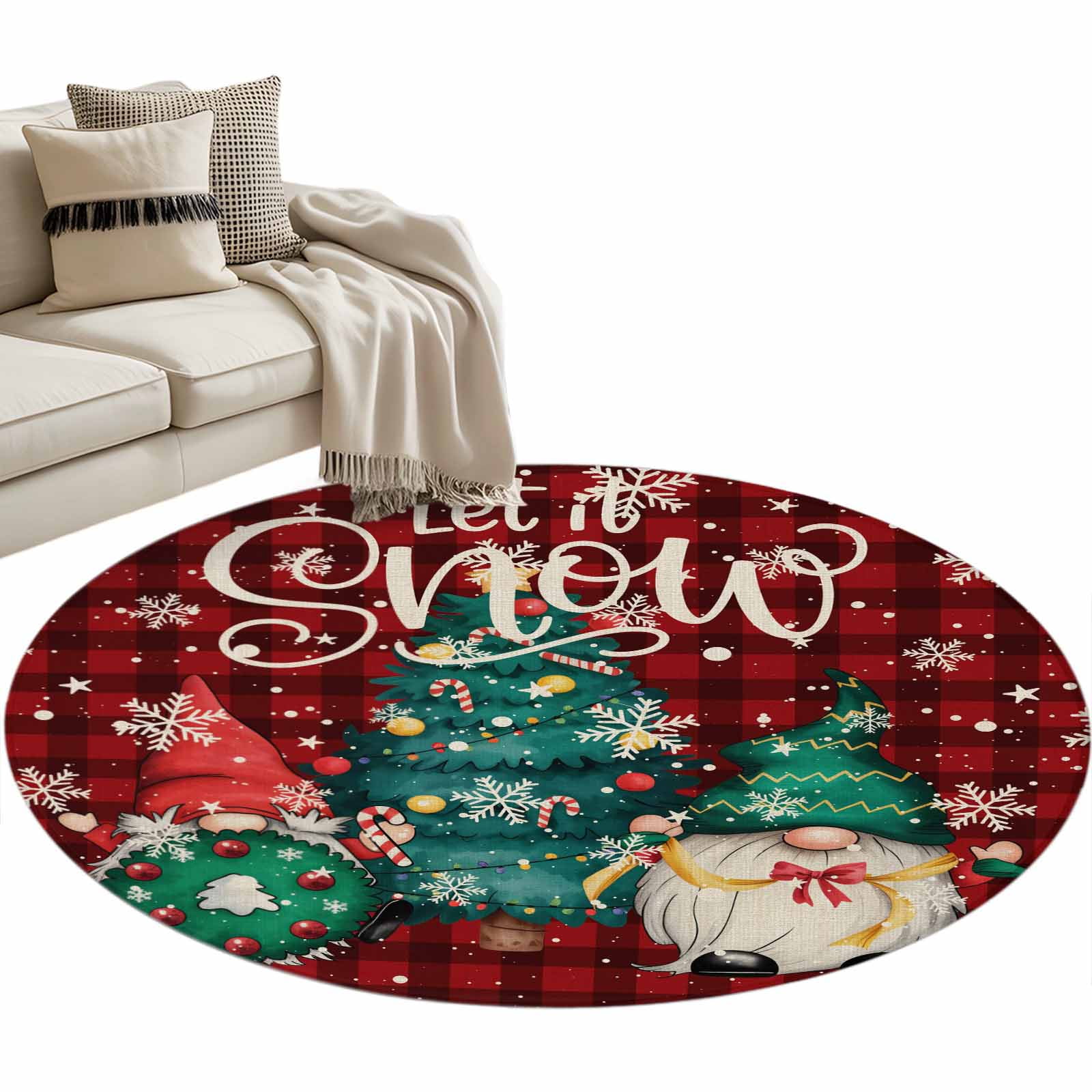 Christmas Tree Gnome Round Area Rug 3.3ft Winter Snowflake Dark Red ...