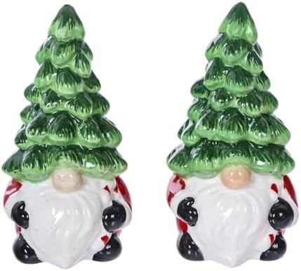 Christmas Tree Gnome Salt & Pepper Shakers - Festive Gnome Ceramic Salt