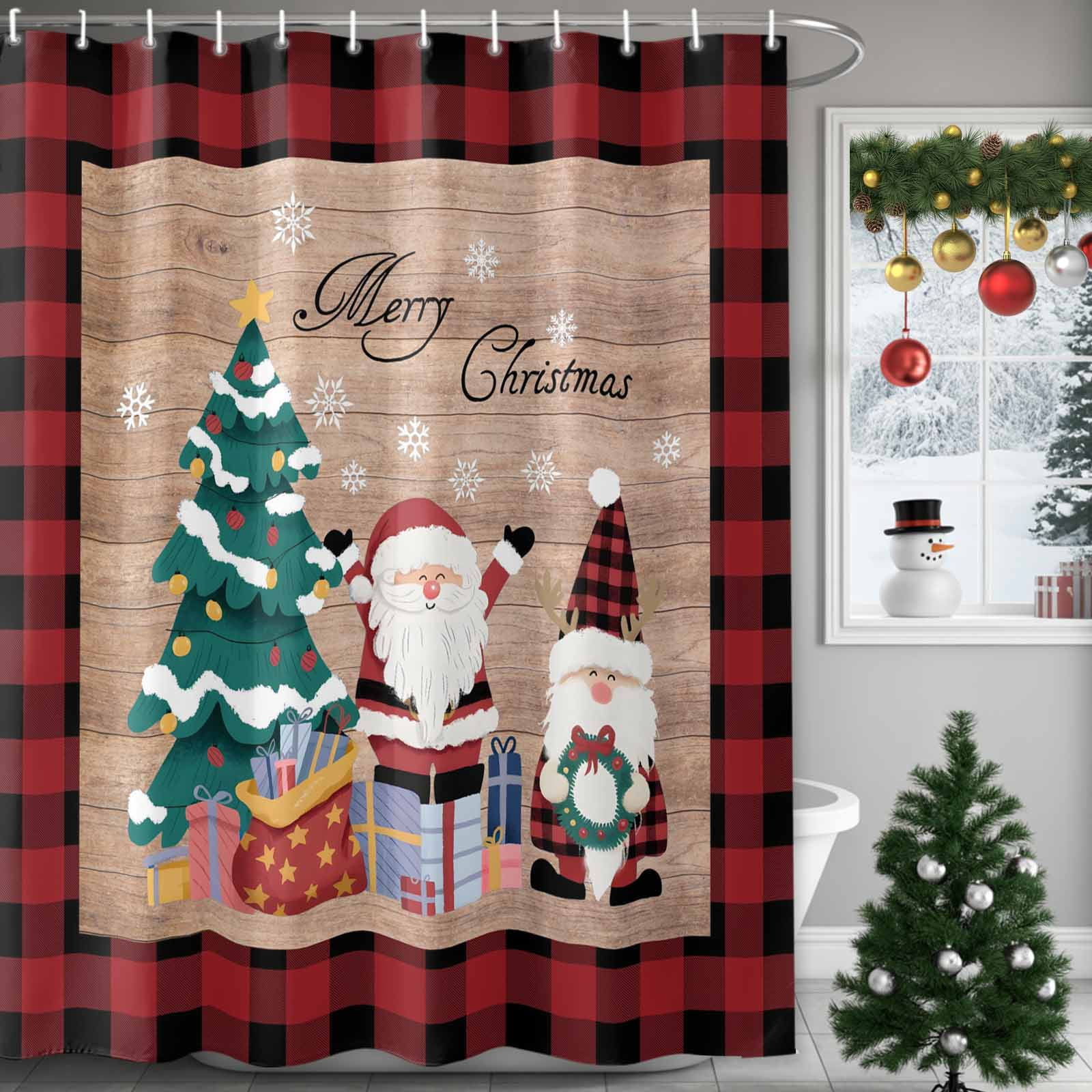 Christmas Tree Gnome Wood Plank Shower Curtain for Bathroom, Red Black