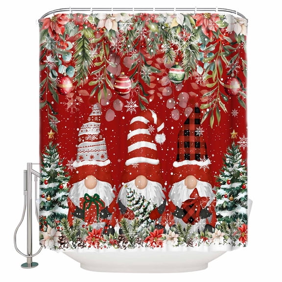 Christmas Tree Gnomes Bathroom Shower Curtains with Hooks, Winter Snowflake Eucalyptus Leaves Red Waterproof Fabric Washable Shower Curtain for Home Hotel Bathtub Decor 36x72 Inches