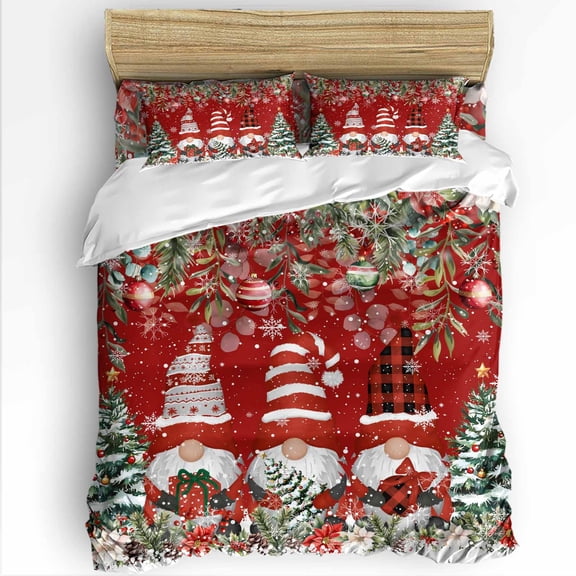 Christmas Tree Gnomes Full Size Comforter Set, Winter Snowflake Eucalyptus Leaves Red Soft Bedding for All Seasons, 4 Pcs Bed Set with 1Comforter (86"x86") ,1 Sheet(80"x116"), 2 Pillowcases (19"x29")