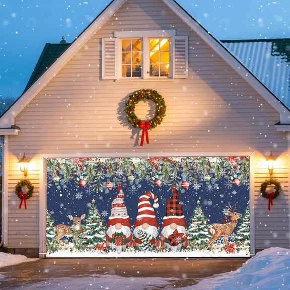 Christmas Tree Gnomes Garage Door Banner Covers, Winter Snowflake Eucalyptus Leaves Navy Large Hanging Indoor/Outdoor Backdrop Background for Christmas Winter Party Decor, 6x13 FT