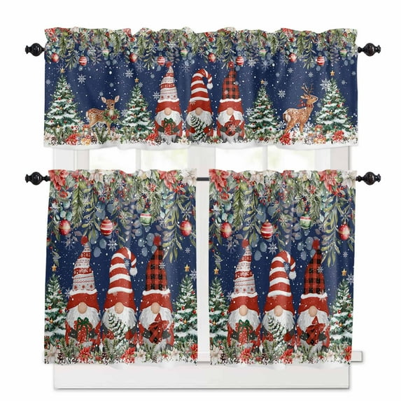Christmas Tree Gnomes Kitchen Curtains and Valances Set, Winter Snowflake Eucalyptus Leaves Navy Rod Pocket Window Valance Window Curtain Panels for Living Room Bedroom Laundry, 27.5x24in, 3 Pieces
