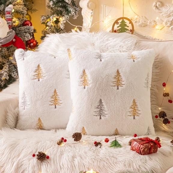 Christmas Tree Gold Sliver Throw Pillow Covers 18x18, Soft Faux Fur Embroidered Throw Pillows for Couch Sofa Cushion Covers Holiday Home Decor