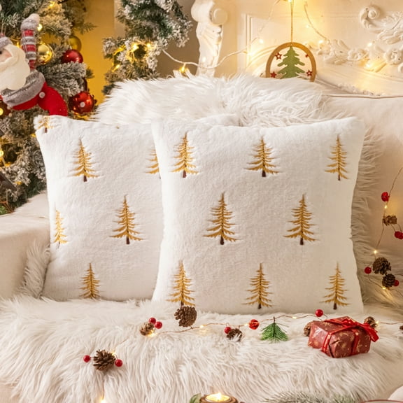Christmas Tree Gold Throw Pillow Covers 18x18, Soft Faux Fur Embroidered Throw Pillows for Couch Sofa Cushion Covers Holiday Home Decor