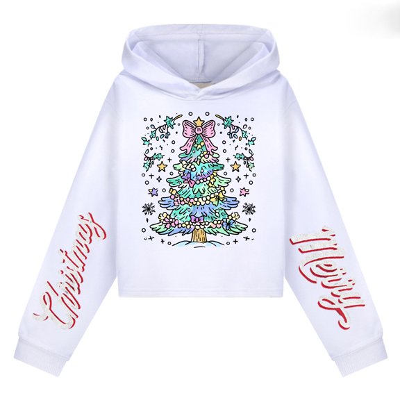 Christmas Tree Graphic Hoodie Long Sleeve Pullover Sweatshirt Holiday Theme Casual Loose Fit Hooded Top for Women Teen Girls Adults