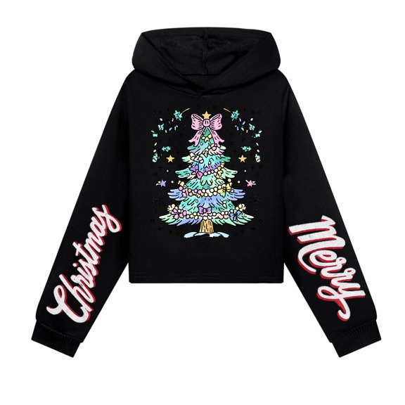 Christmas Tree Graphic Hoodie Long Sleeve Pullover Sweatshirt Holiday Theme Casual Loose Fit Hooded Top for Women Teen Girls Adults