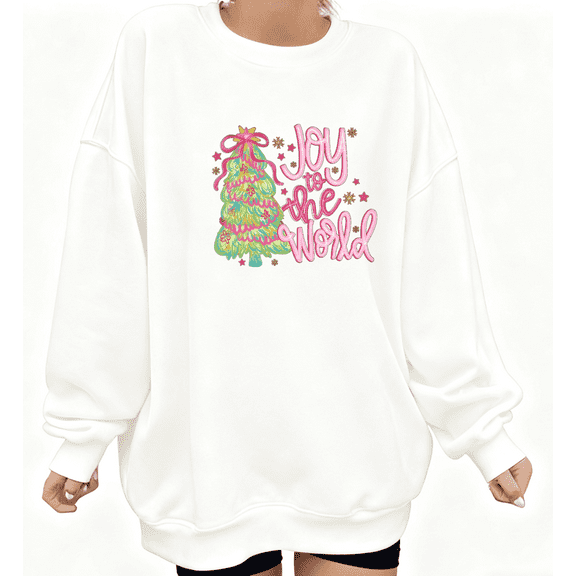 Christmas Tree Graphic Tee T-Shirt Joy To The World Print Top Commuting Round-neck long-sleeved white S-3XL