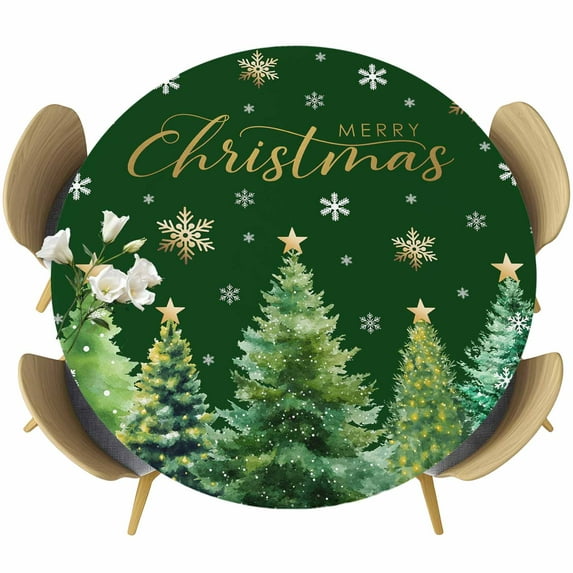 Christmas Tree Green Round Tablecloth, Fitted Table Cover with Elastic for 36"-44" Round Tables, Winter Snowflakes Xmas Pine Tree Table Cloth Outdoor Indoor Dinning Party Waterproof Tablecloths