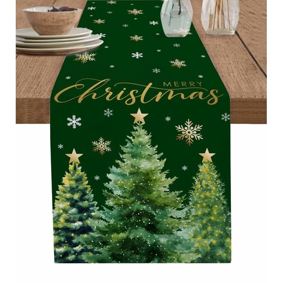 Christmas Tree Green Table Runner 36 Inches, Winter Snowflakes Xmas Pine Tree Bed Runner Dresser Scarves Tabletop for Indoor Outdoor Parties/Ceremony/Banquet, 13"x 36"
