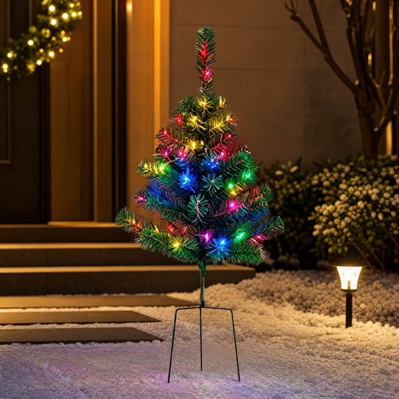 Christmas Tree Ground-Stake Lights, Plastic Outdoor Holiday Decoration for Yard, Garden, Lawn, Porch and Walkway, Festive Illuminated Christmas Display