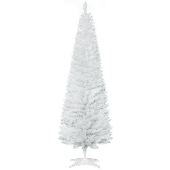 Christmas Tree HOMCOM 6' Artificial Pencil Christmas Tree, Slim Xmas Tree with 390 Realistic Branch Tips and Plastic Stand, White,Flocked Christmas Tree