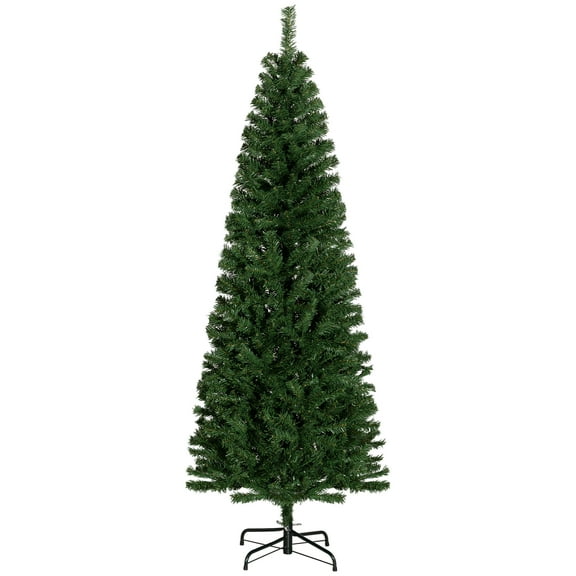 Christmas Tree HOMCOM 6ft Pencil Christmas Tree, Unlit Artificial Christmas Tree Slim Douglas Fir Xmas Tree with Realistic Branches, Halloween Tree with 618 Tips, Green,Flocked Christmas Tree