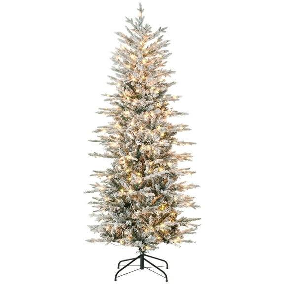 Christmas Tree HOMCOM 6ft Tall Prelit Artificial Christmas Tree Holiday Décor with 636 Snow Flocked Branches, 250 Warm Yellow Clear Lights, Auto Open, Extra Bulb,Flocked Christmas Tree