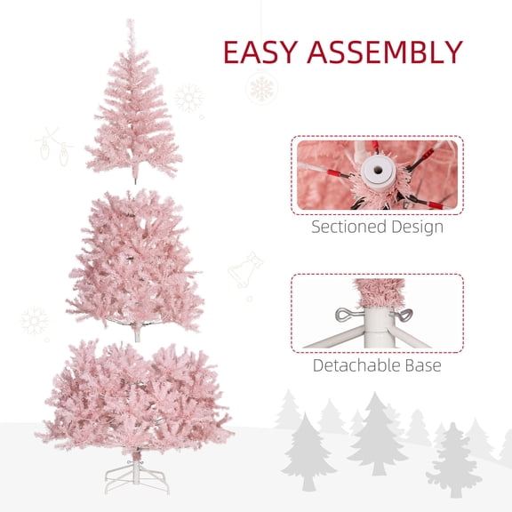 Christmas Tree HOMCOM 7.5' Tall Prelit Christmas Tree Douglas Fir Artificial Christmas Tree with Realistic Branches, 500 Warm White LED Lights and 1346 Tips, Pink,Flocked Christmas Tree