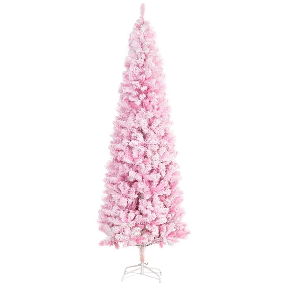 Christmas Tree HOMCOM 7.5' Tall Unlit Snow Flocked Artificial Christmas Tree Slim Pencil Xmas Tree with Pine Shape and Realistic Branches, Pink,Flocked Christmas Tree