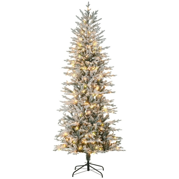 Christmas Tree HOMCOM 7.5ft Tall Prelit Artificial Christmas Tree Holiday Décor with 850 Snow Flocked Branches, 350 Warm Yellow Clear Lights, Auto Open, Extra Bulb,Flocked Christmas Tree