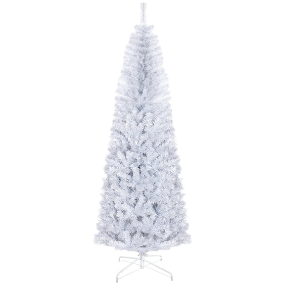 Christmas Tree HOMCOM 7ft Pencil Christmas Tree, Unlit Artificial Christmas Tree Slim Douglas Fir Xmas Tree with Realistic Branches, Halloween Tree with 818 Tips, White,Flocked Christmas Tree