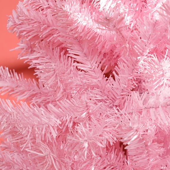 Christmas Tree HOMCOM 8' Tall Unlit Slim Douglas Fir Artificial Christmas Tree with 1168 Realistic Branch Tips, Pink,Flocked Christmas Tree