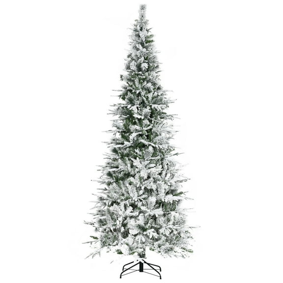 Christmas Tree HOMCOM 9' Unlit Snow Flocked Pine Artificial Christmas Tree with Realistic Branches and 1159 Tips, Green,Artificial Christmas Tree