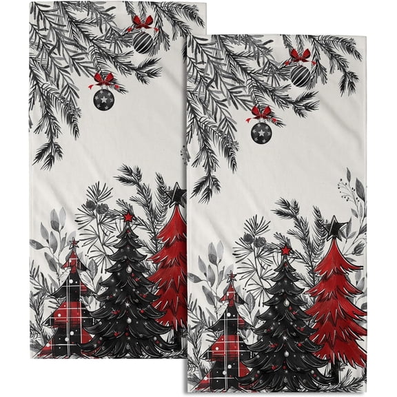 Christmas Tree Hand Towels Set of 2, 28x14 Inch Rustic Red Black Plaid Xmas Pine Forest Bells Absorbent Quick Drying Washcloths Tea Towel for Kitchen Bathroom Household Supplies