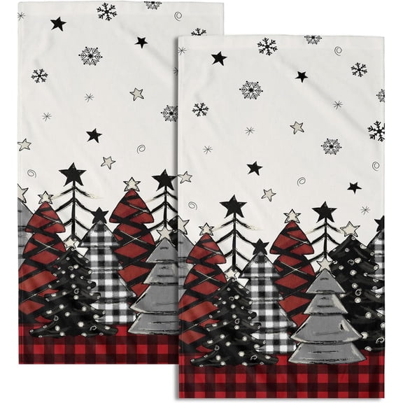 Christmas Tree Hand Towels Set of 2 Red Black Buffalo Plaid Xmas Absorbent Kitchen Towels Rustic Winter Holiday Fingertip Towels for Bathroom Hotel Gym Spa Decor