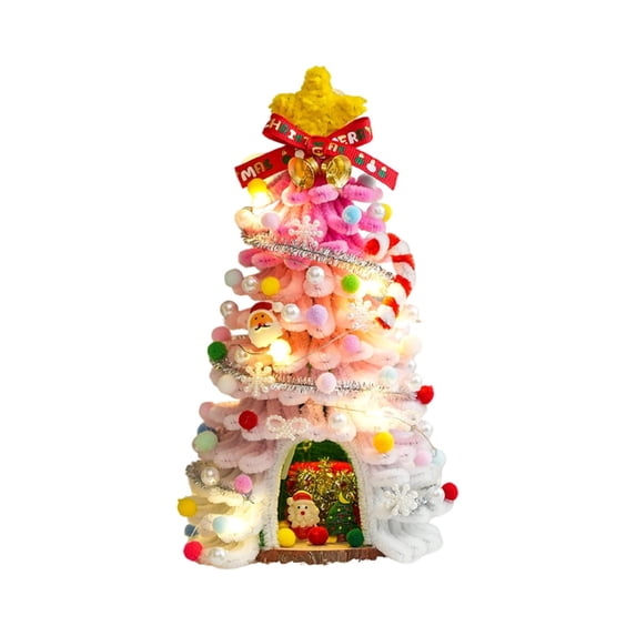 Christmas Tree Handmade Diy Material Set Pink Fluffy Mini Christmas Tree with Lights Complete Decorative Kit for Indoor Tabletop Holiday Display