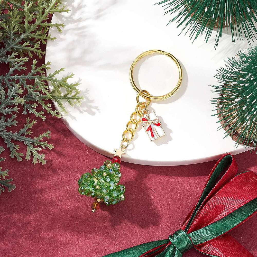 Christmas Tree Handmade Glass Seed Beads Keychains with Iron Split Key Rings and Alloy Enamel Pendants Golden 85mm