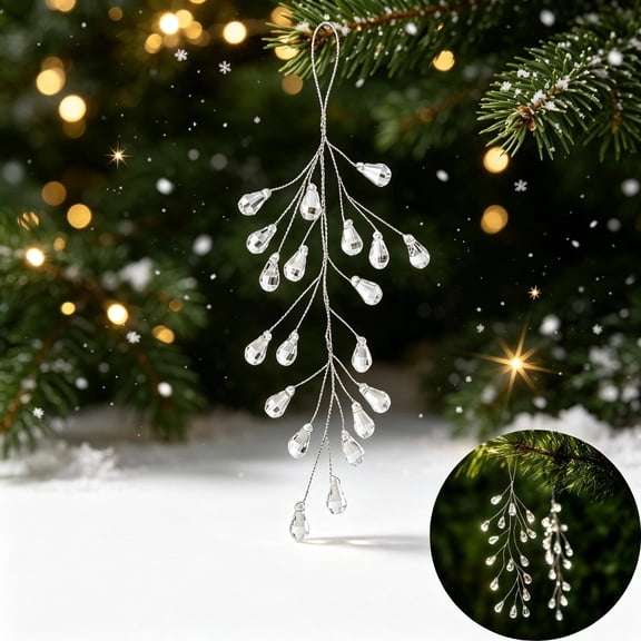 Christmas Tree Hanging Crystal Ornaments, Sparkling Clear Acrylic Teardrop Branches, Pearl Bead Garland for Xmas Decor, Winter Wonderland & Wedding Party Supplies