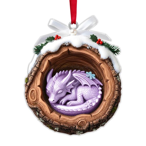 Christmas Tree Hanging Decoration Pendant, 2D Flat Dragon Shape Tree Stump Design With Snow Covered Top Red Berries And Bowknot Accents, For Home Christmas Tree Gift Box Party
