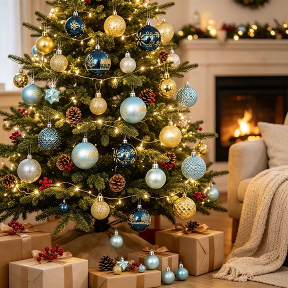 Christmas Tree Hanging Ornament Set Shatterproof Plastic Assorted Decorative Blue Gold