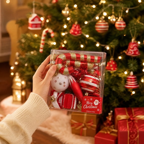 Christmas Tree Hanging Ornament Set in Box, Assorted Plastic Bauble Pendants Set for Xmas Home Holiday Decor