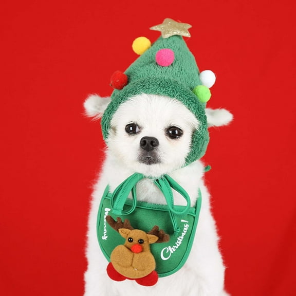 Christmas Tree Hat for Pets Dog Cat Xmas Scarf Bib Ties Adjustable Christmas Party Plush Headgear Accessories -S