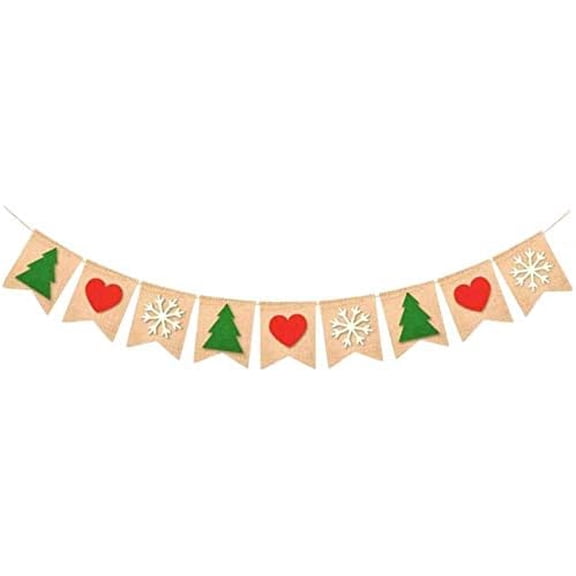 Christmas Tree Heart Snowflake Burlap Banner, Rustic Jute Pennant Garland for Xmas Winter Farmhouse Fireplace Mantel Decorations