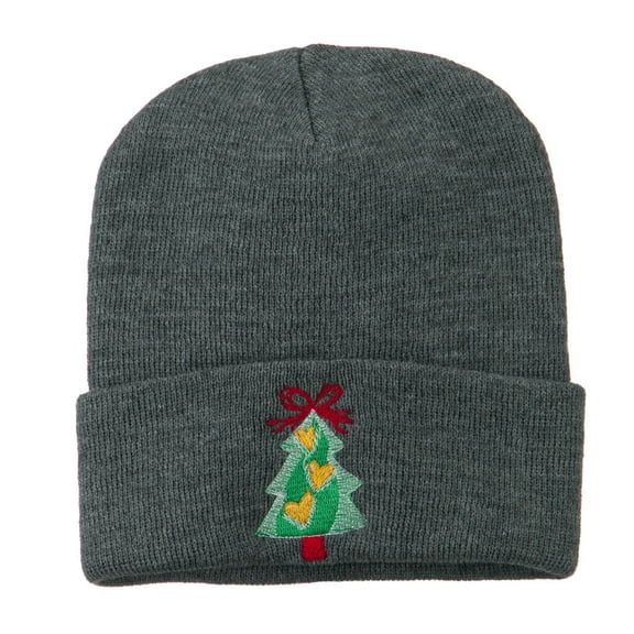 Christmas Tree Hearts Bow Embroidered Beanie - Grey OSFM