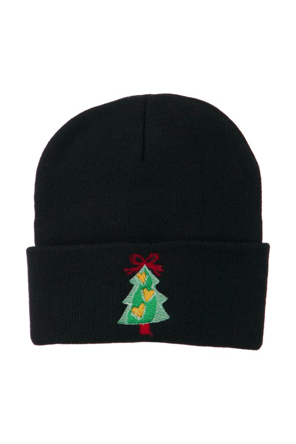 Christmas Tree Hearts Bow Embroidered Beanie - Navy OSFM
