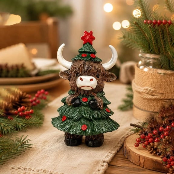 Christmas Tree Highland Cow Figurine, Cute Yak Statue with Star Topper, Resin Tabletop Ornament for Winter Holiday Home Mantel Decor